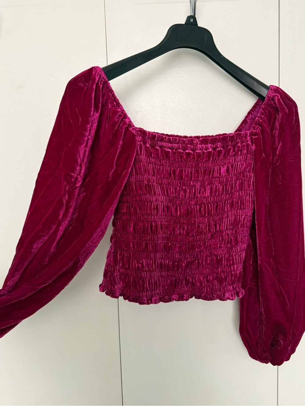 Anthropologie Velvet Smocked Off-Shoulder Top in Deep Magenta